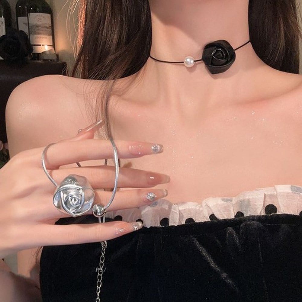 Silver Black Rose Choker Self-Wedding Self-Wedding Necklace Silver Black Choker Self-Wedding Wedding Pearl Bridal