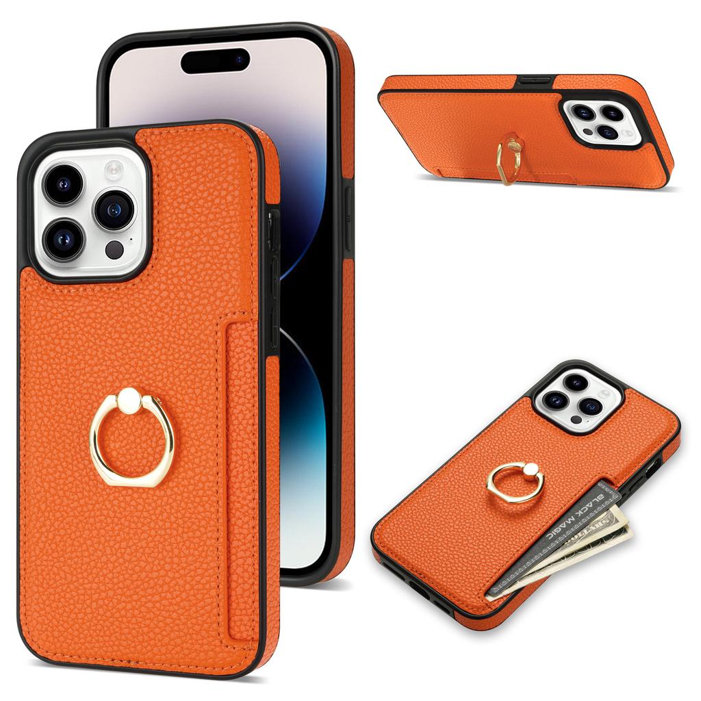 Compatible with iPhone 16 Case, 17 Pro Litchi-patterned Ring Buckle Stand, Card Slot, Wallet, Shockproof Case, 14 Plus