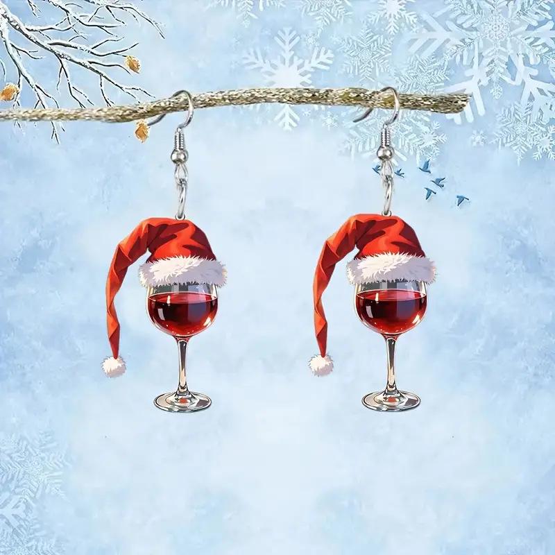Red Christmas Hat Wine Glass Acrylic Earrings - Vintage Creative Design, Versatile and Stylish.