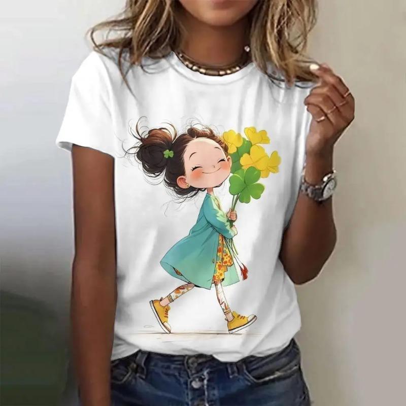 Summer Women's T Shirt Anime Girl Pattern Print Casual Short Sleeve Pullover Fashion Streetwear Cute Girl Tee Female Clothing