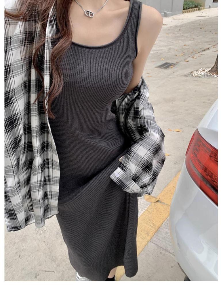 French Knit Off-Shoulder Strappy U-Neck Long Dress - Women's Summer Solid Color H-Line Vest Dress