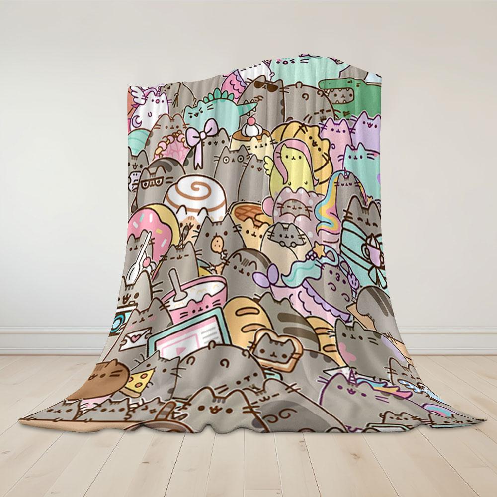Cute Pusheen Cat Flannel Blanket Warm Soft Halloween Christmas Couch Warm Cozy Decorative Decor Gift for All Season