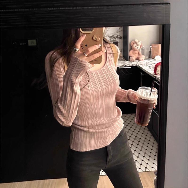 Versatile Simple Solid Color Knitted Slim-fitting Long-sleeved Shirt Women's Early Autumn New Skin-friendly Bottoming Shirt Top