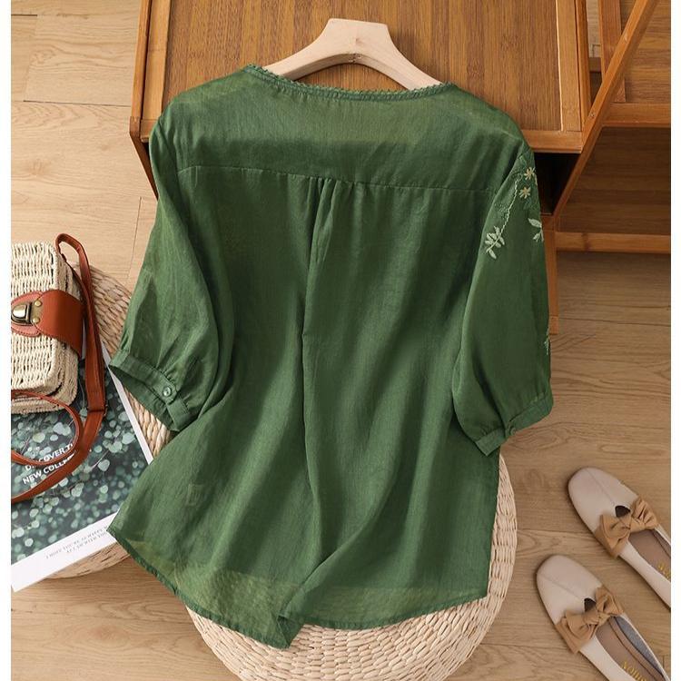 Γυναικείες Μπλούζες Κεντημένες από Βαμβάκι και Λινό, Φαρδιές, Κοντομάνικες, T-Shirt Ρετρό, Στενές, με Στρογγυλή Λαιμόκοψη