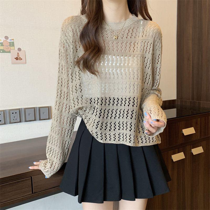 Women's Hollowed Out Knitted Sweater for Spring and Summer Loose Fitting Sun Protection Cover Long Sleeved Unique Top