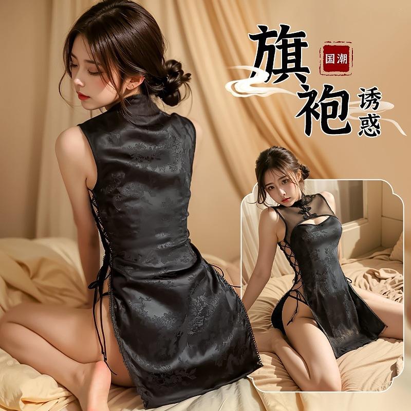 Large size pure desire style cheongsam uniform high sense temptation retro spring and autumn thin sex pajamas nightdress suit women