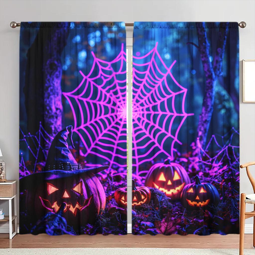 2 Piece Terrifying Pumpkin Lanterns and Spider Web Printed Curtains   Semi Blackout Pole Through Curtains