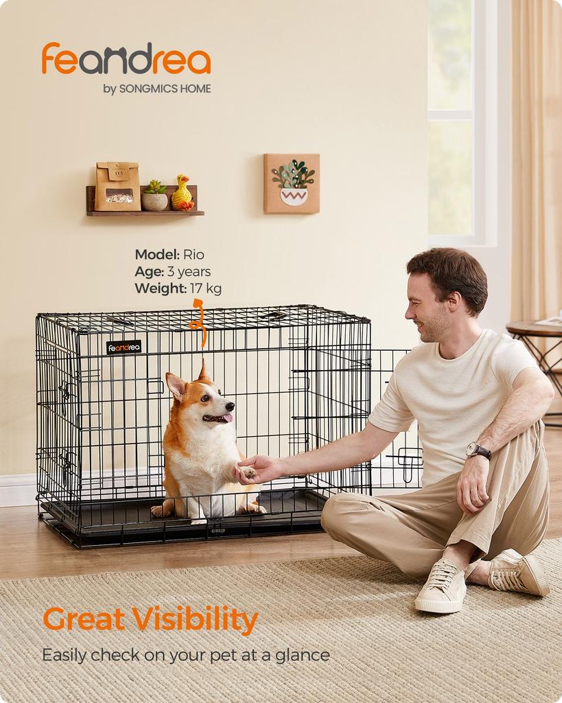 FEANDREA Dog Crate, Foldable, 92.5 cm Long, 2 Doors, L, Black