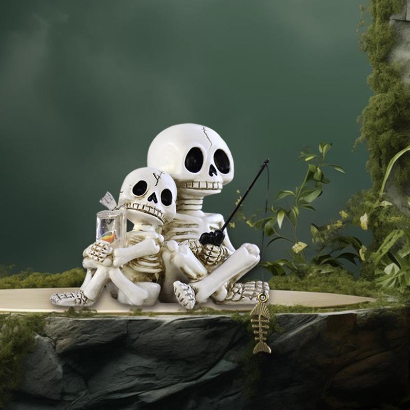 Parent-child Fishing Skeleton Figurine, Resin Outdoor Garden Pond Decoration Statue, Halloween Handicraft