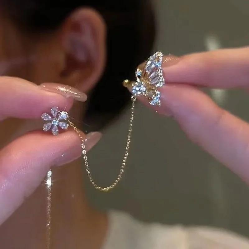 2 Pcs Cute Exquisite Shiny Crystal Butterfly Fashion Sweet Zirconia Alloy Pink Silver Color Long Tassel Earrings Wedding