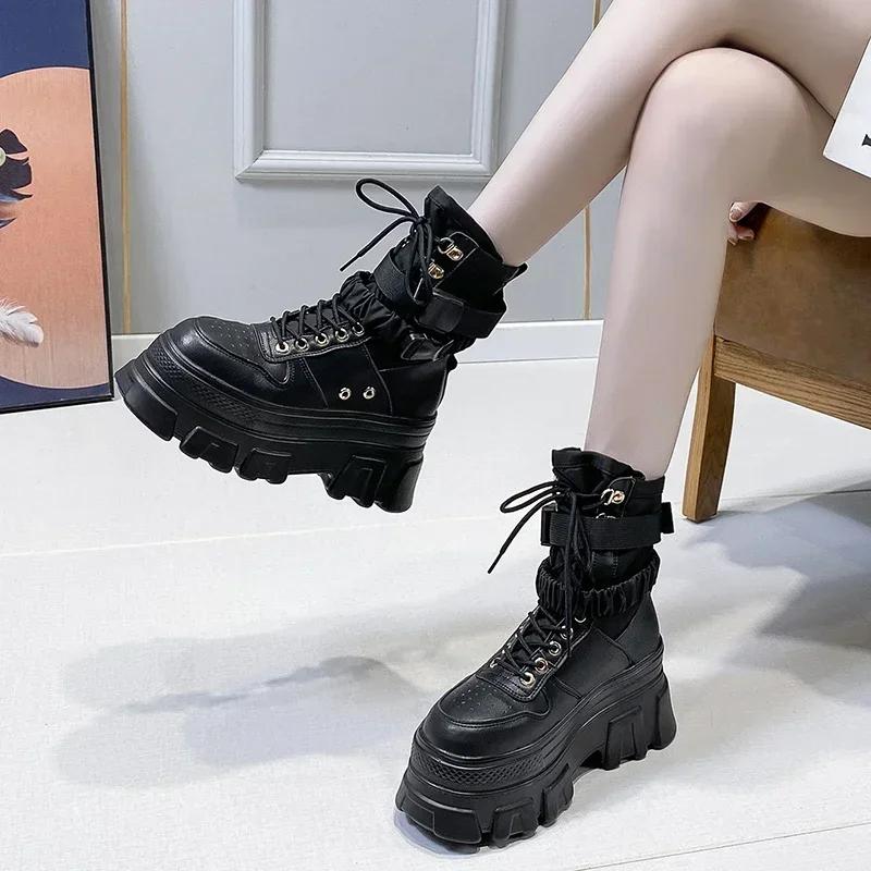 Neue Mode Damen Frühling Herbst Gothic Schuhe Frau Dicke Sohle Schnürstiefel Knöchel Punk Klobige Plateau Motorradstiefel Botas Mujer