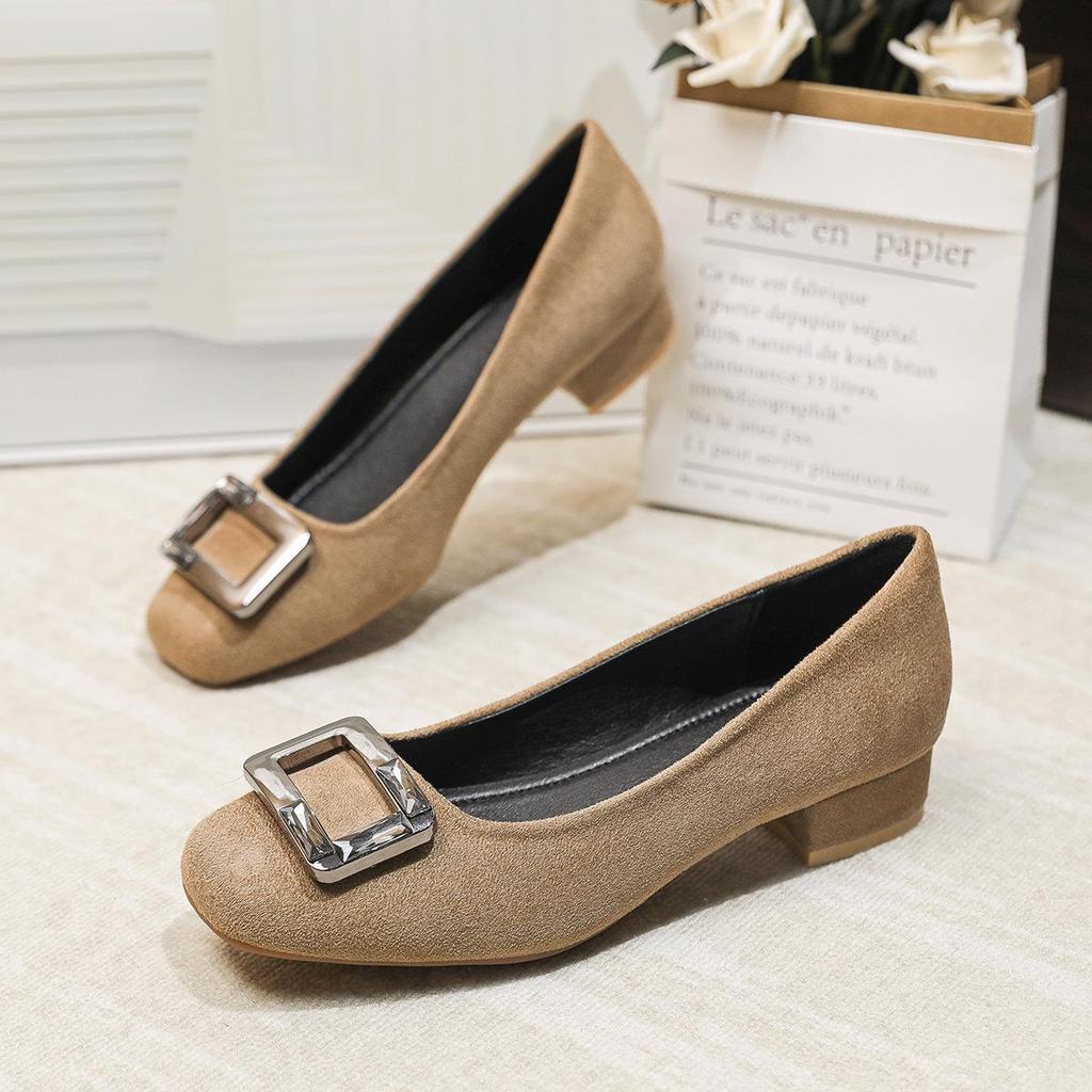 2026 Spring/Summer Suede Chunky Heel Pumps with Square Toe & Rhinestone Buckle