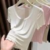 Women's Lace Trim V-Neck T-Shirt Soft Modal Short Sleeve Top
