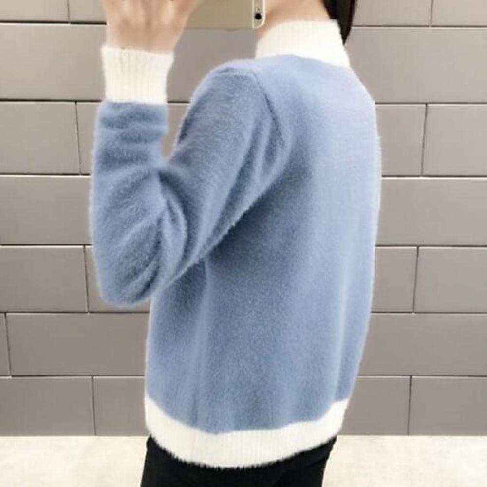 Navava Mock Neck Warm LeTTering Color Block Angora Long Sleeve KniT T shirT Nk