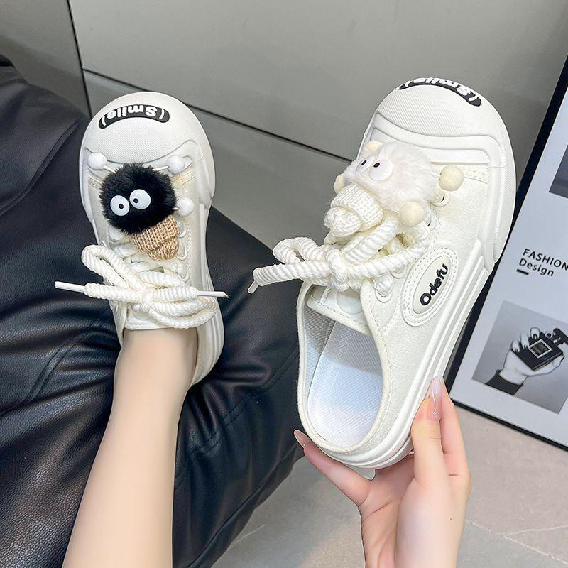 Canvas Half Slipper Women  New Korean Version To Wear A Flat Casual Slip-on Lazy Bun Head Single Shoes