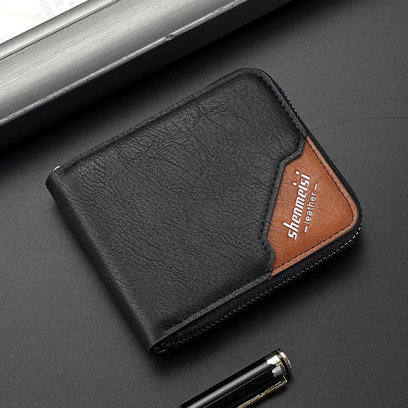 Men’s PU Leather Zip Around 3 Folding Wallet RFID Card Holder ID Window Coin Pocket Short Compact Wallet Cash Purse