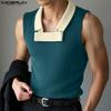 INCERUN Men Patchwork Lapel Sleeveless Casual Ribbed Tank Tops