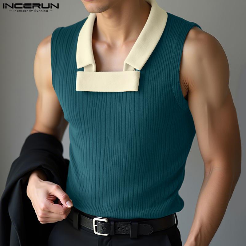 INCERUN Men Patchwork Lapel Sleeveless Casual Ribbed Tank Tops