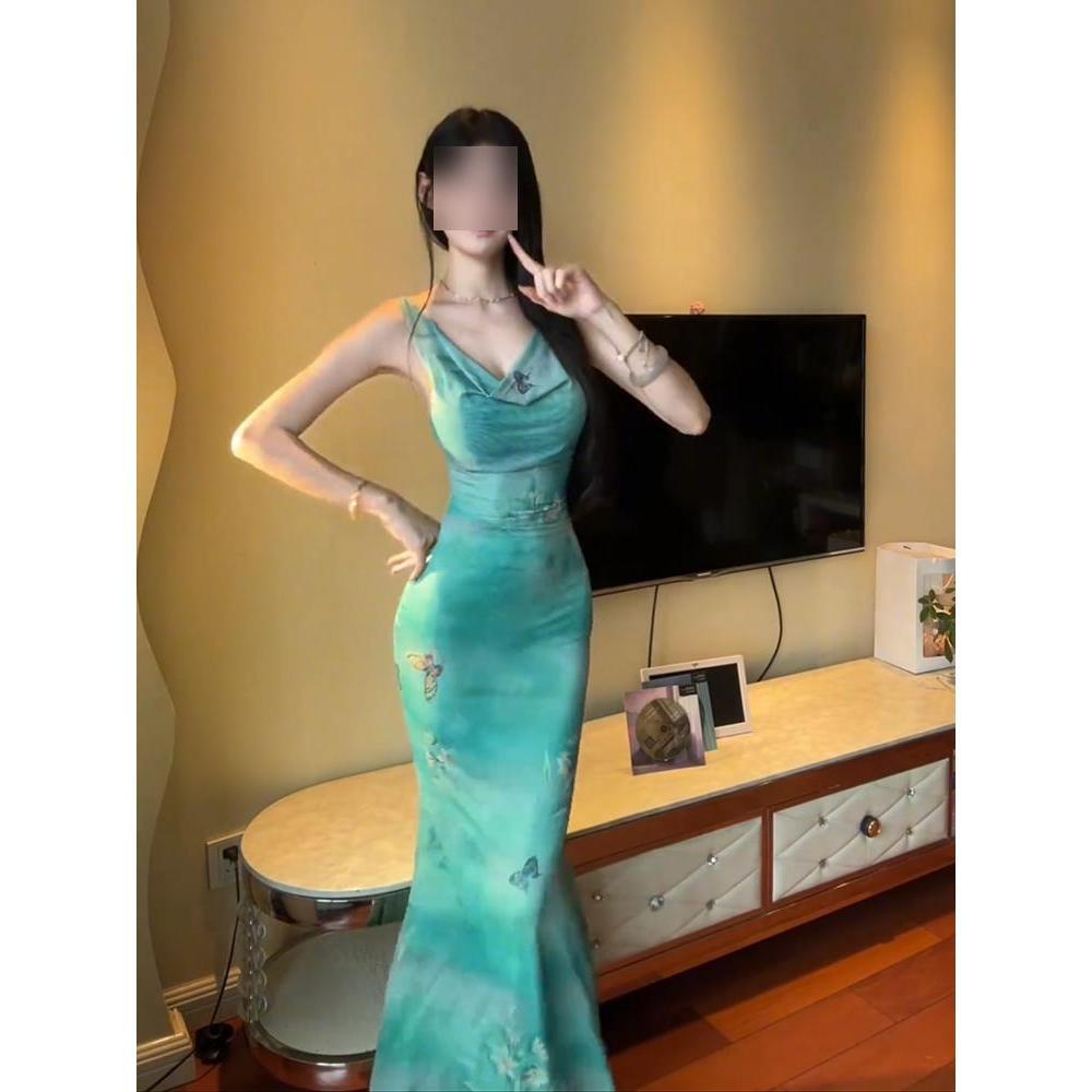 

Pure desire wind butterfly printing mesh dress women s hot summer temperament swing collar waist slim sleeveless hip wrap long skirt XL- (recommended 110-60kg)