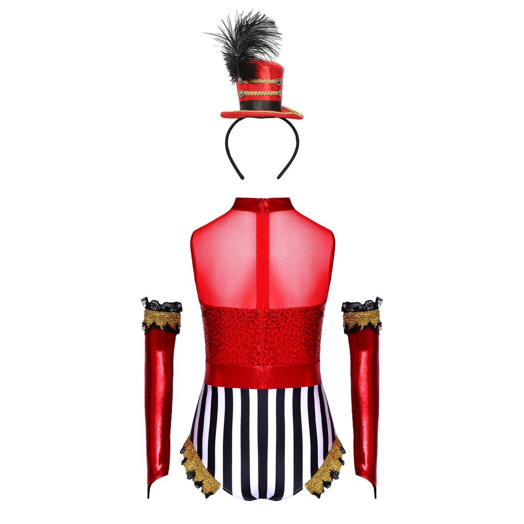 Girls Circus Costume Set Sequins Mock Neck Sleeveless Jumpsuit Press Buttons Metallic Oversleeve Top Hat