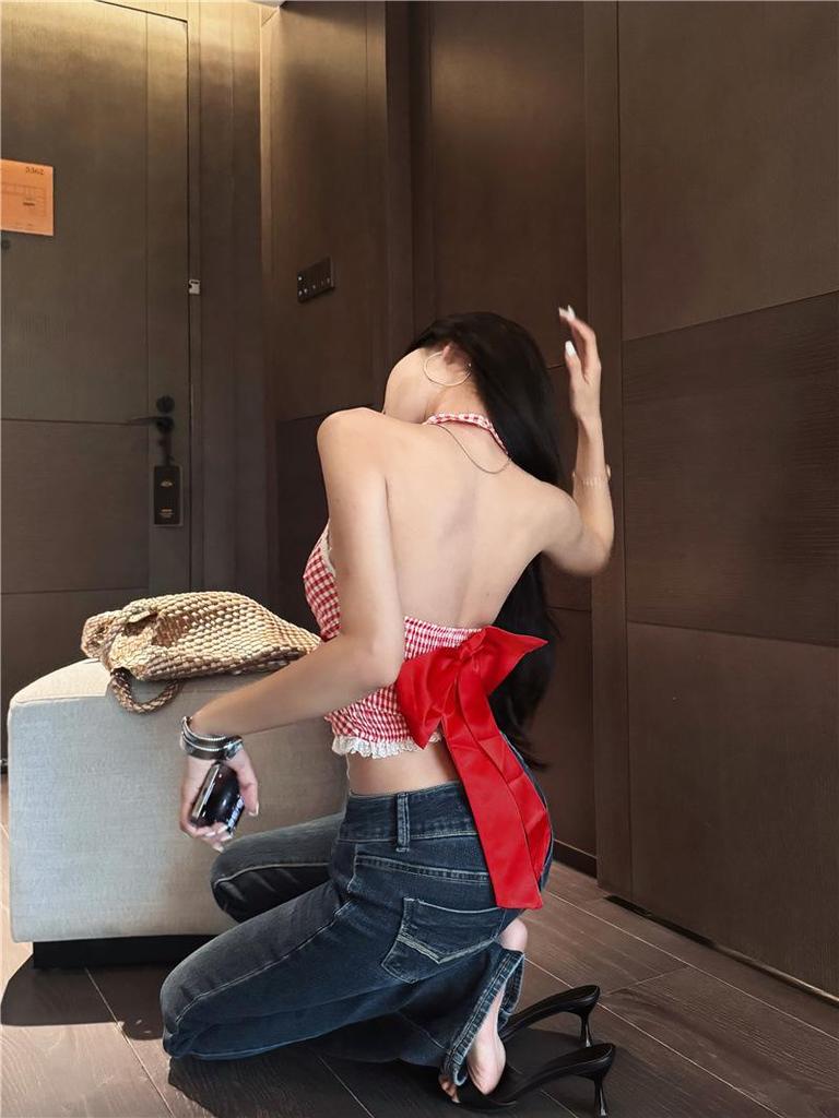 Pure & Sexy Red Plaid Lace Halter Top - Women's Summer Tank