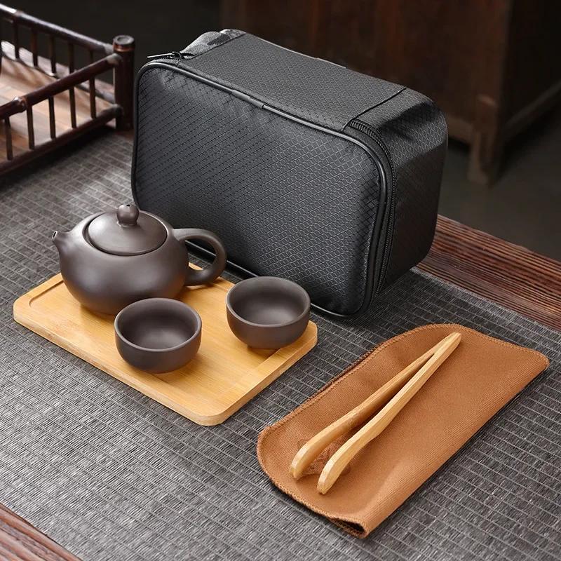 Purple Clay Travel Tea Set Outdoor Portable Kung Fu Tea Set Teas Infuser Teapot Teacup Filter Teas Brewing Utensils Teaware Sets