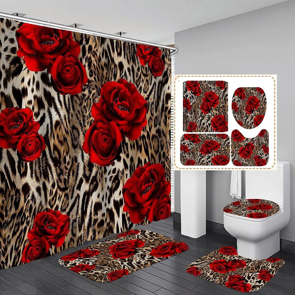 Red Rose Stripe Flowers Bathroom Shower Curtain Set Waterproof Polyester Washable Non-Slip Bath Mat Rugs Carpet Toilet Lid Cover