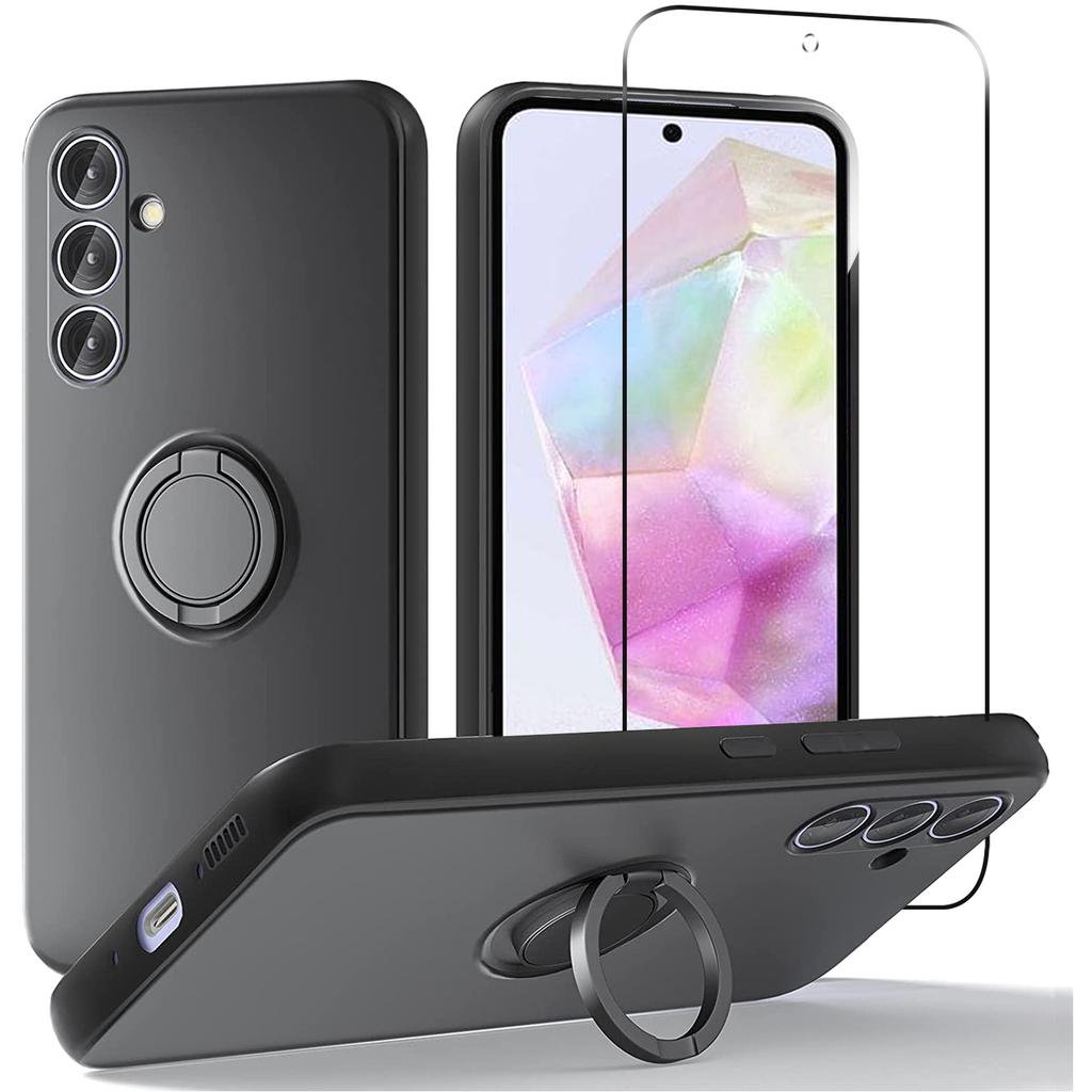 For Samsung Galaxy A35 5G Case Liquid Silicone Kickstand Cover with 2.5D Arc Edge Tempered Glass Film