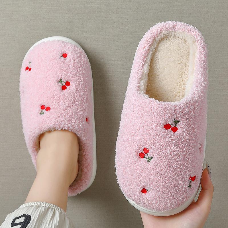 Home Cotton Slippers Winter Cute Embroidered Cherry Plush Warm Indoor Household Non-slip Fluffy Slippers