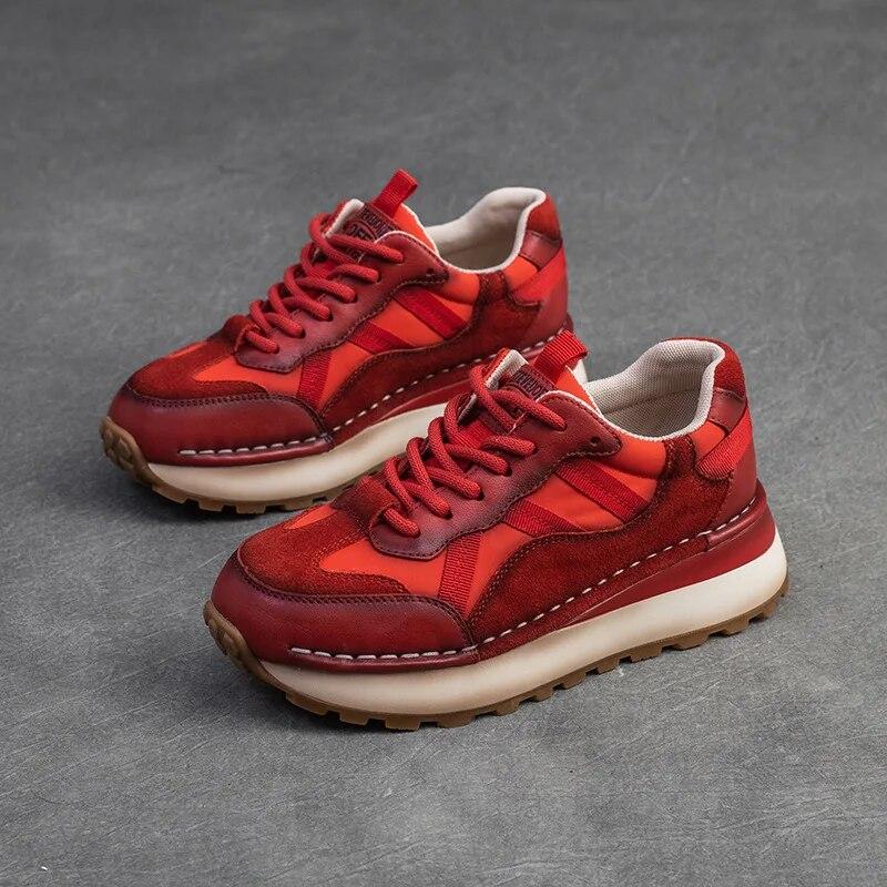 Johnature Genuine Leather Sneakers Casual Sports Shoes Round Toe Lacd-up Retro Versatile Women's Flat Shoes
