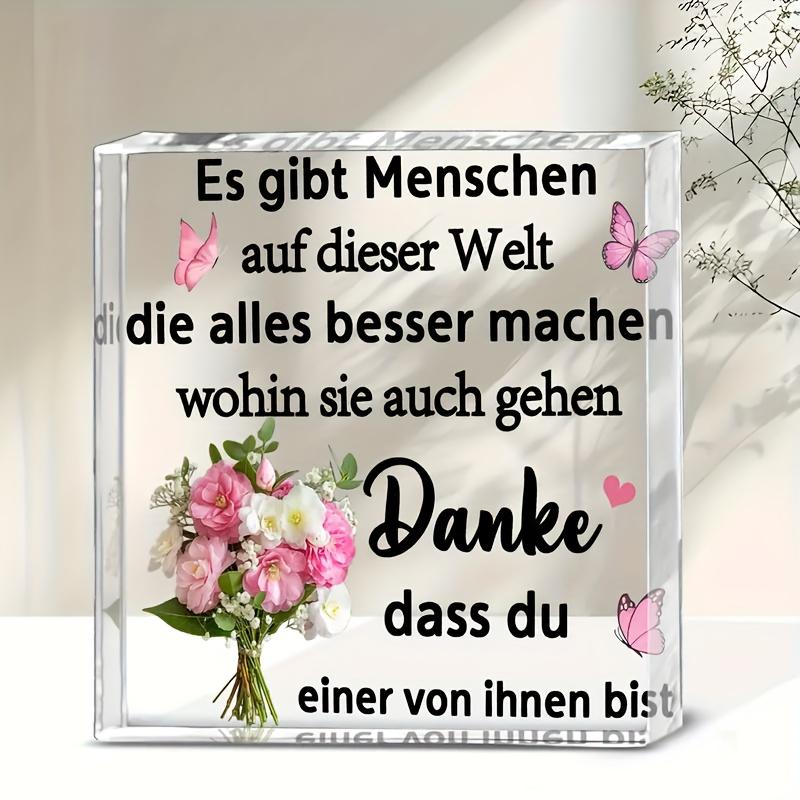 

1 German Thank You Plaque - Elegant Gratitude Decor with Floral and Butterfly Patterns, Transparent Acrylic Tabletop Ornament for Birthday 10*10cm