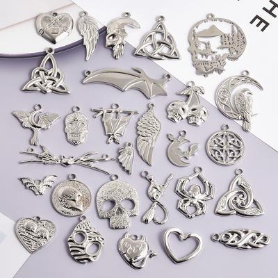 6pcs Waterproof No Fade Punk Accessories DIY Stainless Steel Skull Wings Witch Charms For Jewelry Making Halloween Pendant Bulk