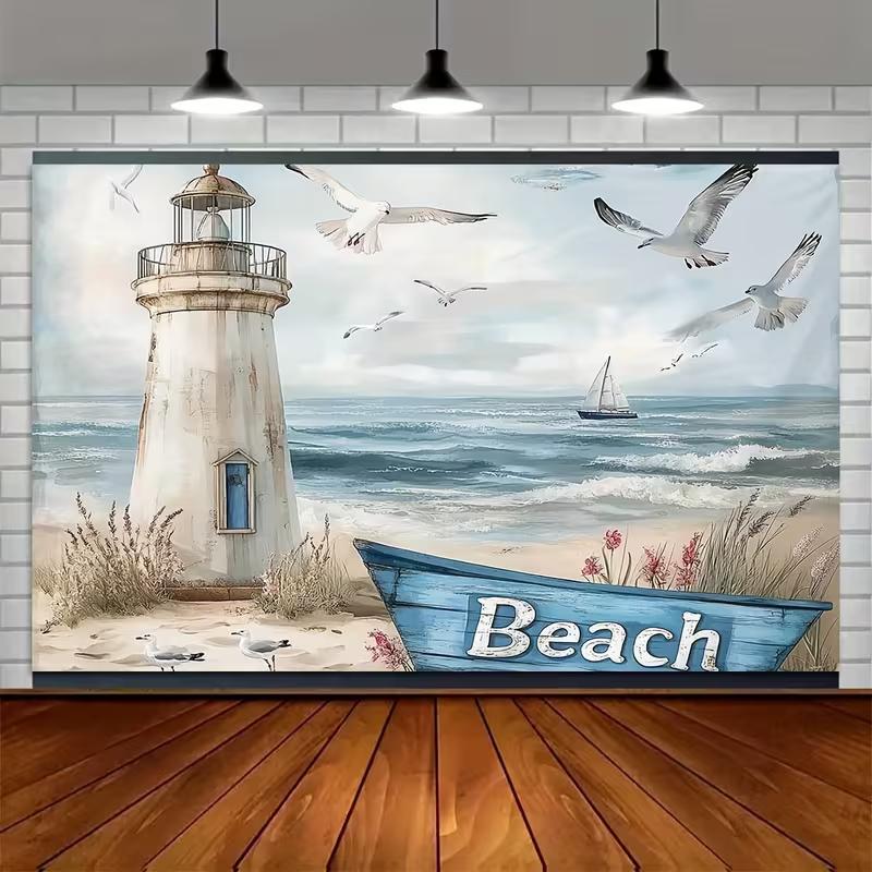 2D Flat Printing Rustic Lighthouse Beach Backdrop "Beach" Sign Nautical Background