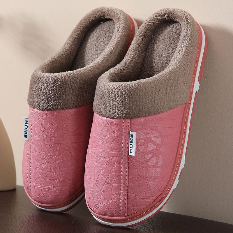 Women's Non-Slip PU Leather Indoor/Outdoor Slippers - Velvet-Lined Thick Sole for Autumn & Winter