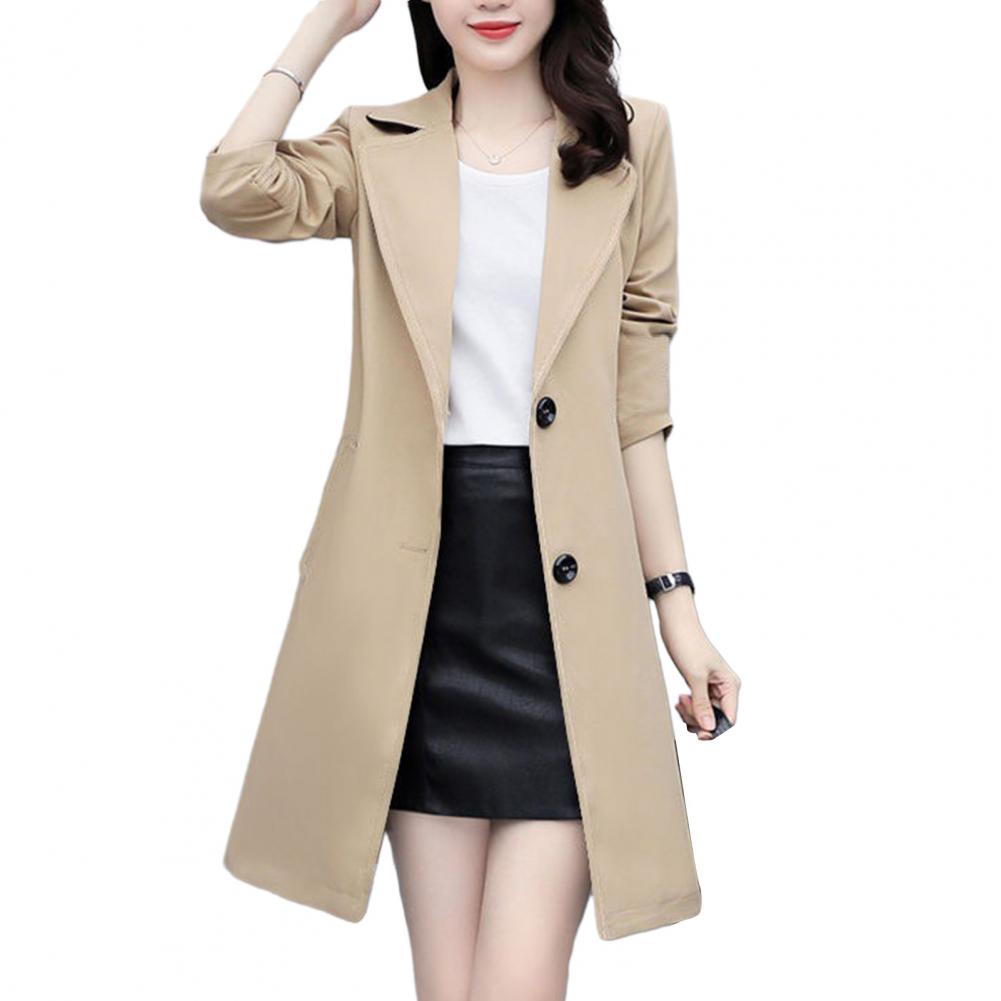Women Fall Spring Coat Lapel Cardigan Double Buttons Trench Coat Solid Color Mid Length Pockets Business Jacket