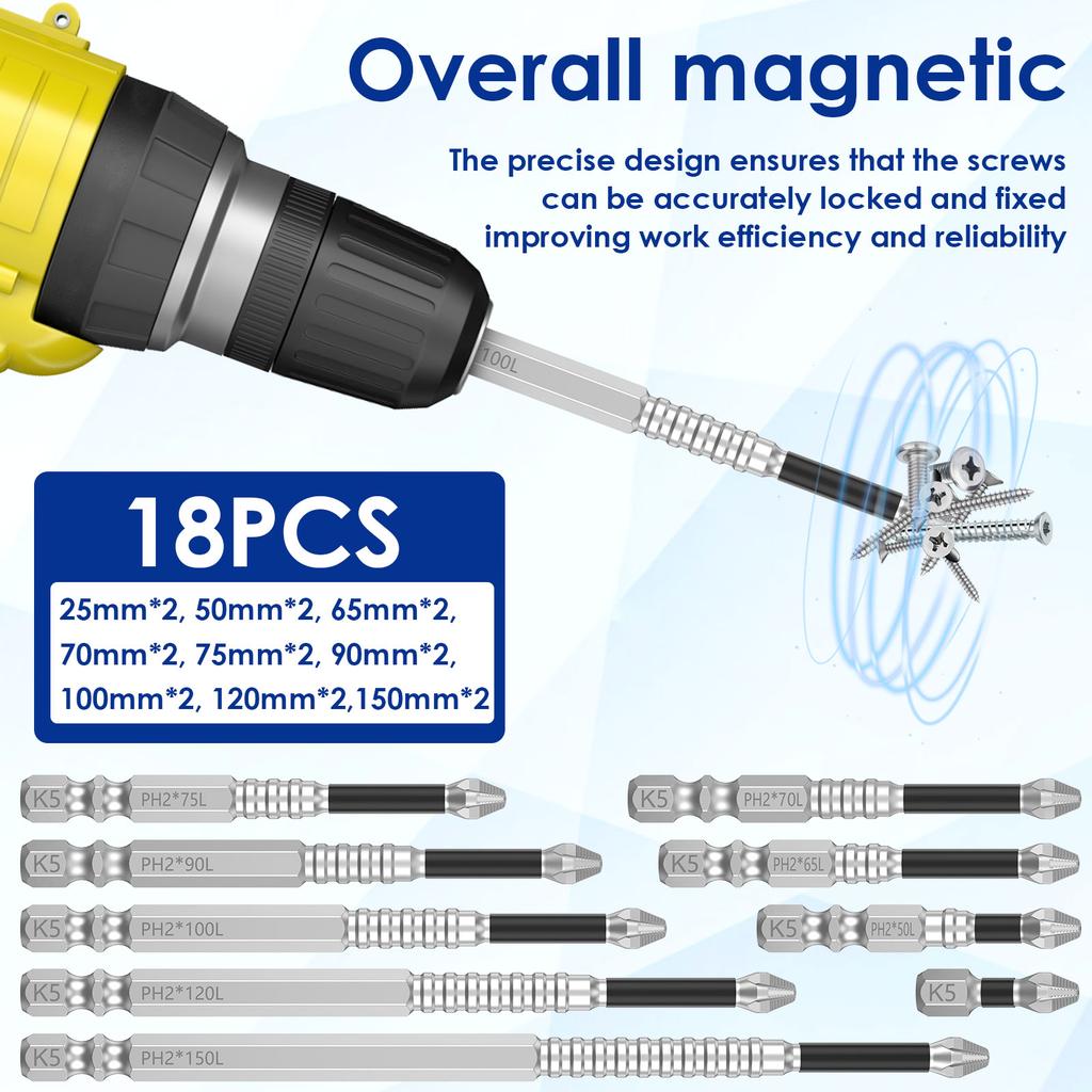 18 Pcs Magnetic Screwdriver Drill Bit Set Multi Size Carbon Steel Hex Shank Nonslip Impact Driver Bit for Maintenance Hand Tools