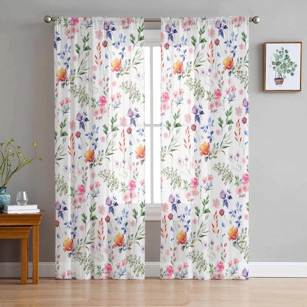 Colorful Flowers Leaves Branches Plants Window Drapes Living Room Sheer Curtain Bedroom Kitchen Home Decor