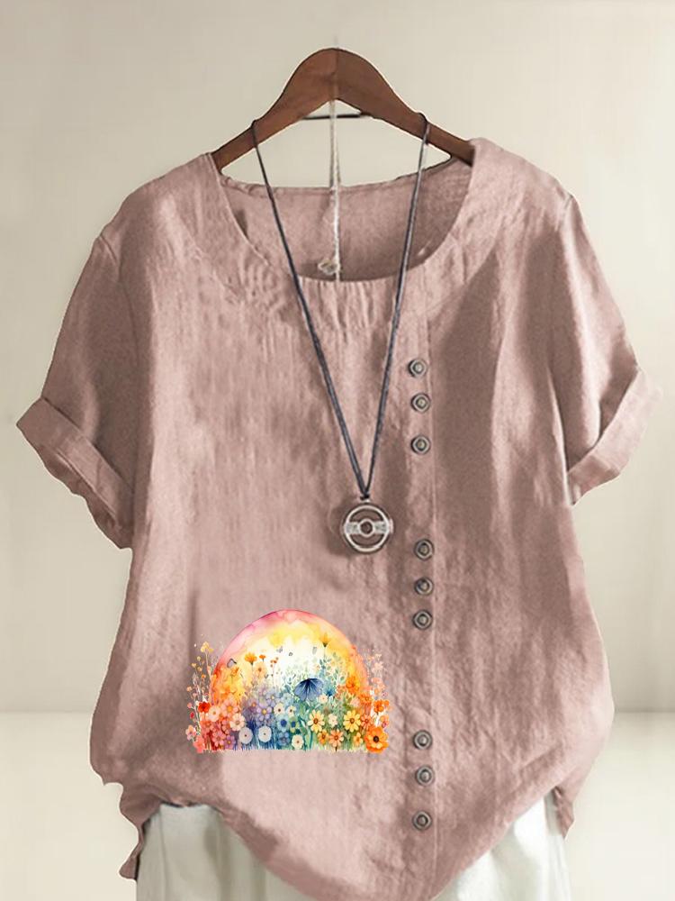 Women s Fashion Colorful Flower Clusters Print Shot Sleeve T-shirt Loose Cotton Shirt Casual Loose Summer Blouse Tops Plus Size S розовый