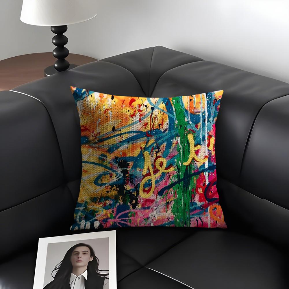 Colorful Graffiti Fashion Cushion Cover Natural Linen Organic Fabric DoubleSided Printing Sofa Home Decor Gift Pillow Case