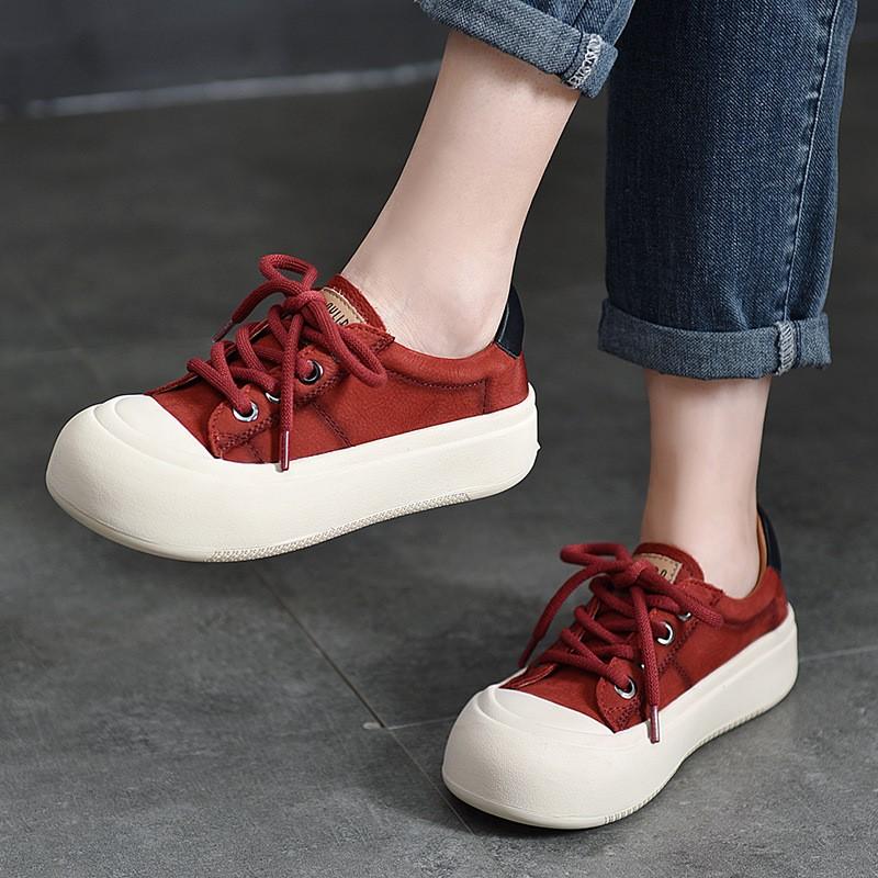 Johnature Genuine Leather Casual Women's Shoes Versatile Lace Up Round Toe Thick Soled Flat Shoes