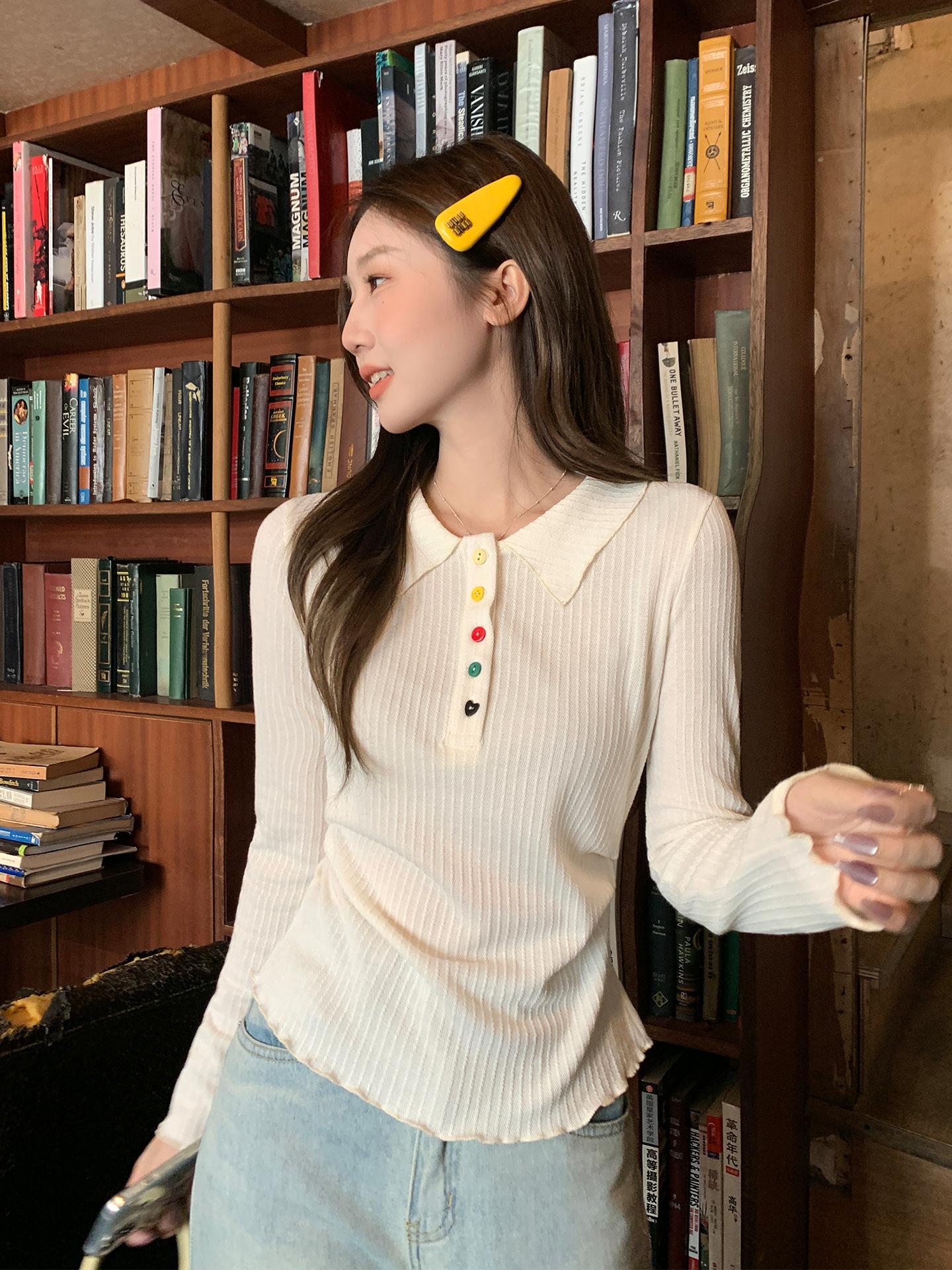 

POLO collar long-sleeved texture women s autumn new base inner with waist pleated fungus edge button-up T-shirt top S абрикосовый