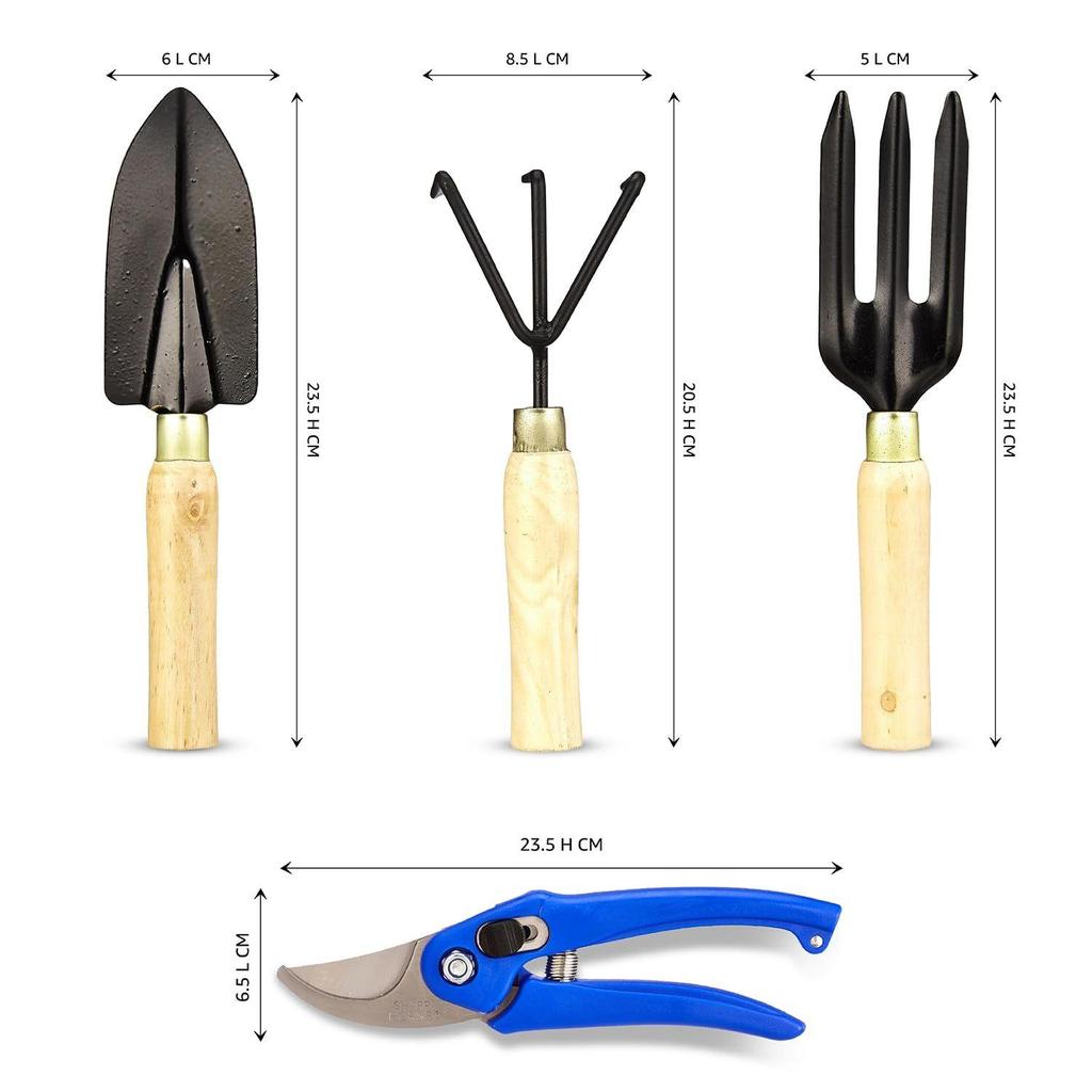 4-Piece Gardening Tool Set | Hand Cultivator, Trowel, Garden Fork, Pruner | Wooden Handle