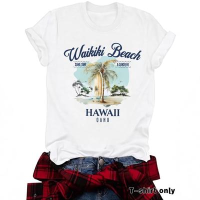 Damen Rundhals Mode Hawaiianisches Surfmuster Locker Kurzarm
