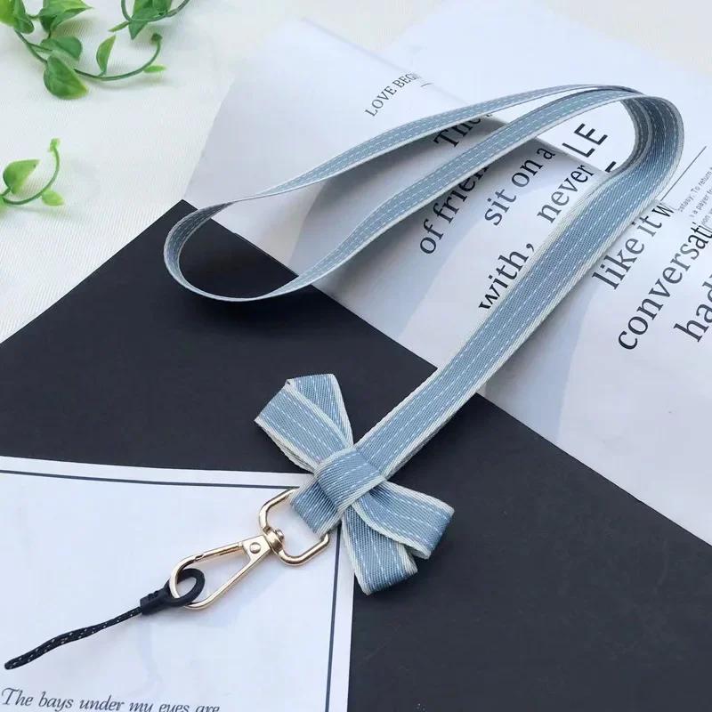 Chic Casual Striped Bow Girl Mobile Phone Lanyard Portable Mini Fan Camera Key Neck Strap Office Work ID Card Holder Rope