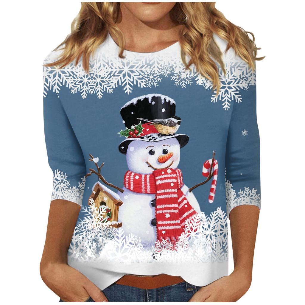 Spring and Autumn Round Neck Christmas Themed Pattern 3D Printed Top Fashionable Casual Long Sleeved Women's T-shirts