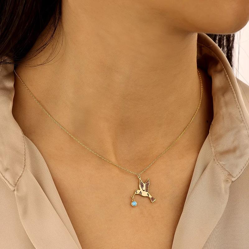 Fashion Crystal Birthstone Hummingbird Pendant Necklace Gold Plated Stainless Steel Bird Jewelry Gifts For Mother