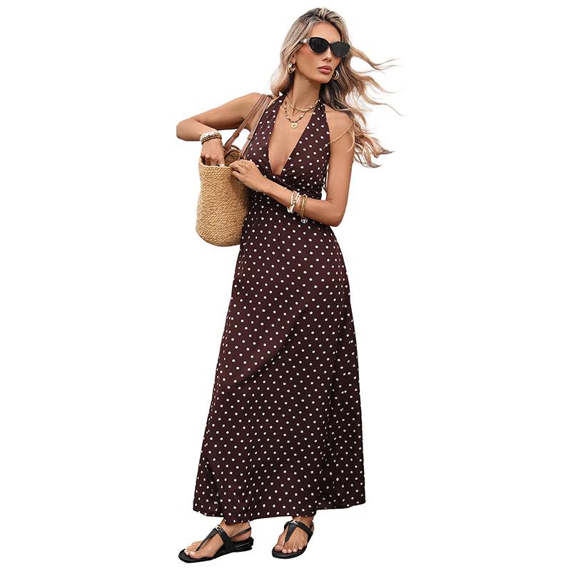 New Sexy Retro Beach-style Halter Dress with A Fitted Deep V-neck and Detachable Polka Dot Top.