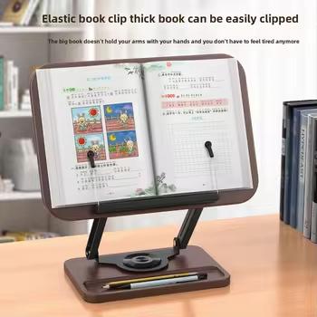 Adjustable Height Bamboo and Metal Bookstand for Books Magazines Comics Music with Marble Finish Bookends and Stand Decor