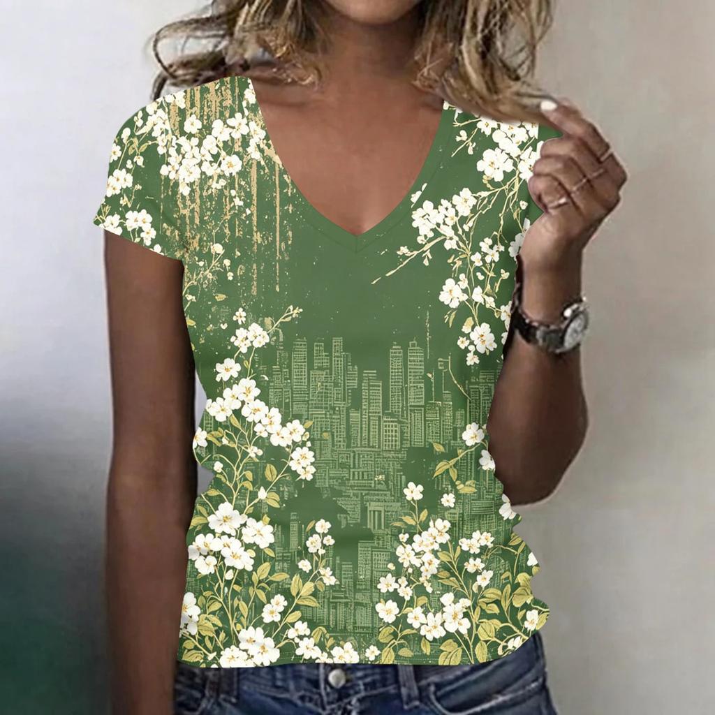 Women V Neck Short Sleeve Floral Print Casual T Shirt Top Relaxed Fit Lightweight Soft Fabric Comfortable Wear
