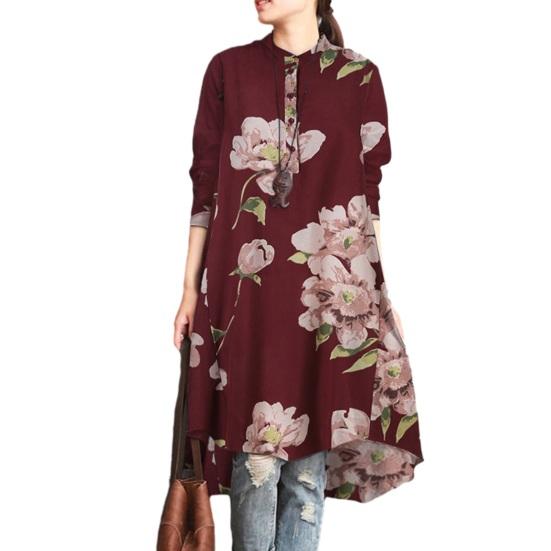 

Нерегулярна сорочка великого розміру з вінтажним подолом і квітковим принтом, повсякденний пуловер з довгими рукавами, вільна богемна сорочка до коліна 2XL червоний